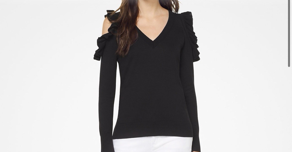 NWT Michael Kors Black Ruffle Cold Shoulder Sweater L